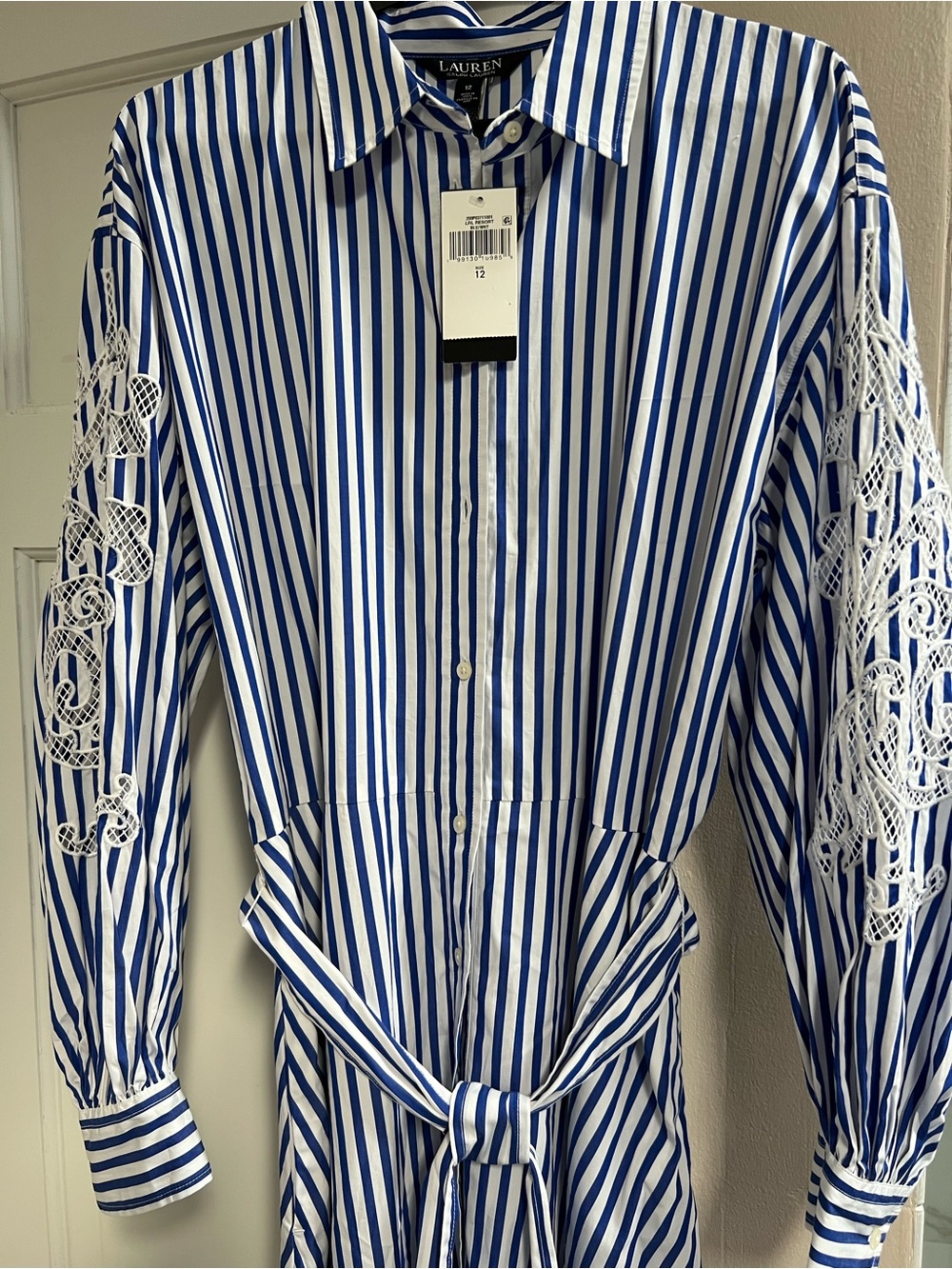 Lauren Ralph Lauren Blue & White Striped Maxi Shirt Dress with Lace Sleeve - Picture 1 of 7